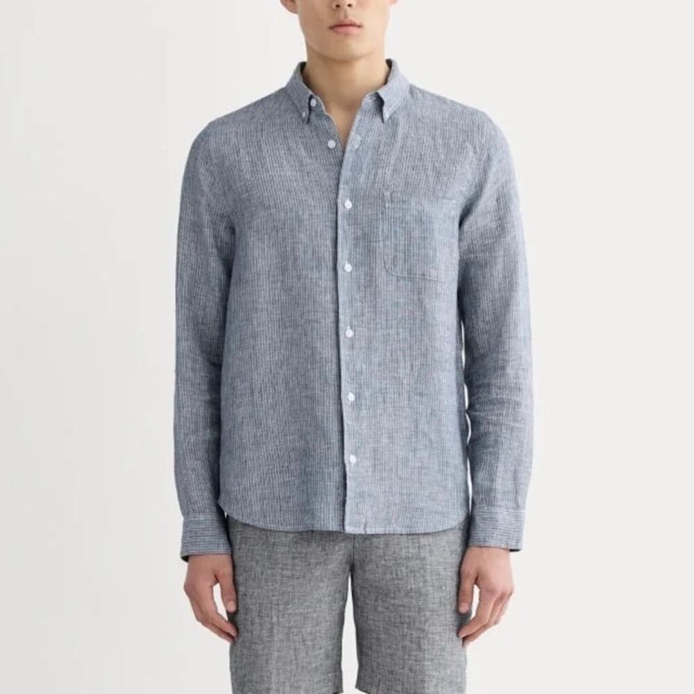 Everlane Men's Classic Shirt in Linen White Blue Stripe Size Medium NWT